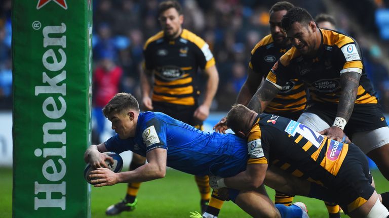 Garry Ringrose of Leinster touches down to score their first try during the Champions Cup match between Wasps and Leinster Rugby at Ricoh Arena on January 20, 2019 in Coventry, United Kingdom.