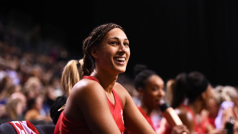 Geva Mentor looks on during the 2019 Netball Quad Series in Liverpool