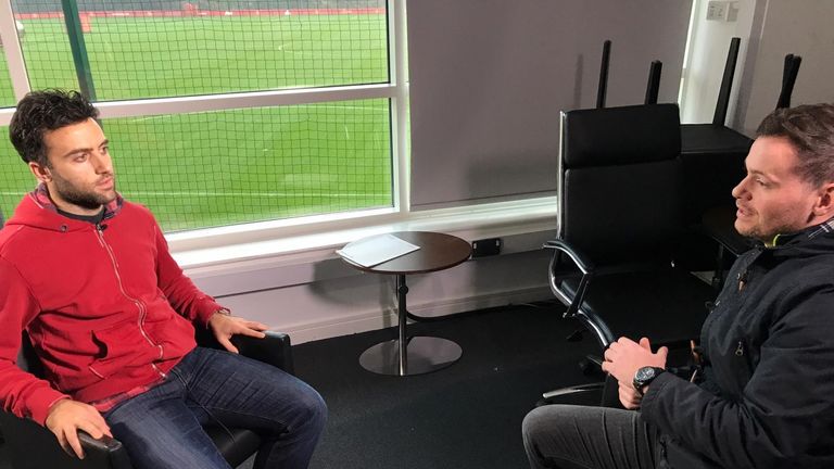 Giuseppe Rossi speaks to Sky Sports reporter Paul Gilmour at Manchester United's Carrington training ground