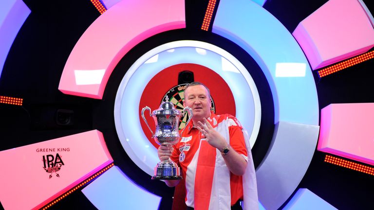 Glen Durrant of England celebrates with the BDO Lakeside Professional Men's Championship 2019 Trophy after winning the final 