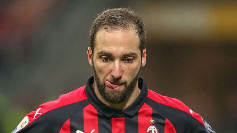 MILAN, ITALY - DECEMBER 22:  Gonzalo Higuain of AC Milan shows his dejection during the Serie A match between AC Milan and ACF Fiorentina at Stadio Giuseppe Meazza on December 22, 2018 in Milan, Italy.  (Photo by Getty Images/Getty Images)