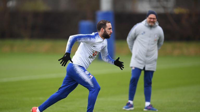 Gonzalo Higuain during a solo training session at Chelsea's Cobham Training Ground on January 24, 2019