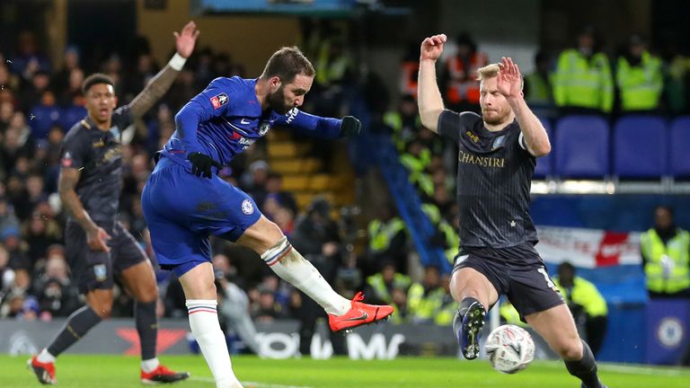 Gonzalo Higuain during the FA Cup Fourth Round match between Chelsea and Sheffield Wednesday at Stamford Bridge on January 27, 2019 in London, United Kingdom.