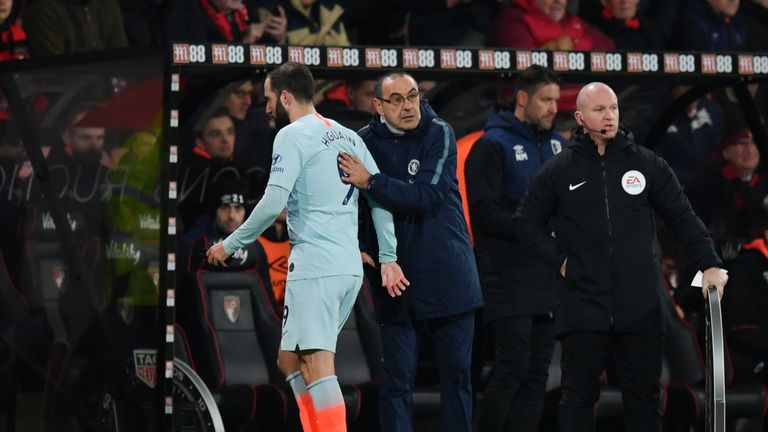 Gonzalo Higuain is embraced by Maurizio Sarri as he comes off in the second-half