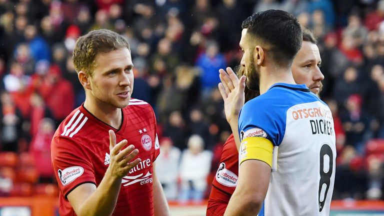 26/01/19 LADBROKES PREMIERSHIP.ABERDEEN V KILMARNOCK (0-0).PITTODRIE - ABERDEEN.Aberdeen's Greg Stewart shakes hands with Kilmarnock's Gary Dicker