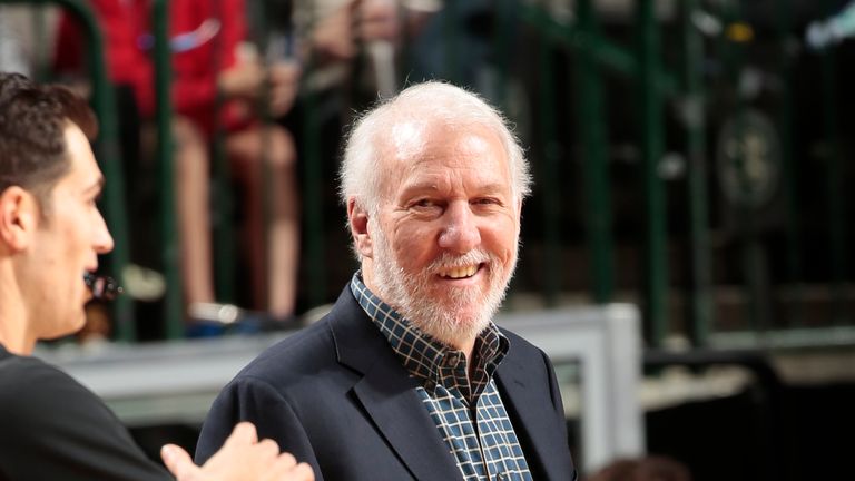 Gregg Popovich smiles during the game against the Dallas Mavericks on January 16, 2019