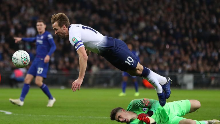 Harry Kane is fouled by Kepa Arrizabalaga with Tottenham's a penalty later awarded through VAR