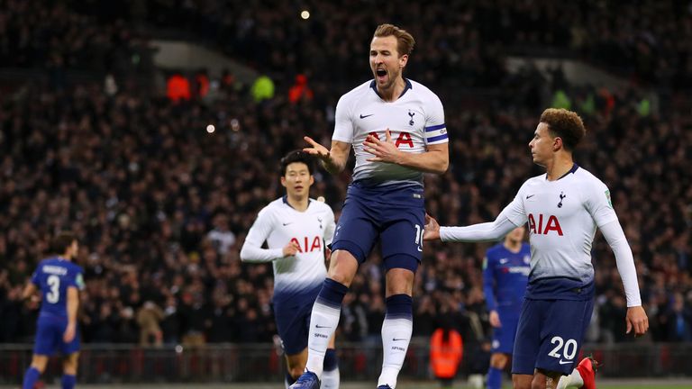 Harry Kane celebrates his penalty opener for Tottenham