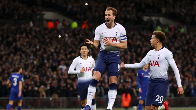 Harry Kane during the Carabao Cup Semi-Final First Leg match between Tottenham Hotspur and Chelsea at Wembley Stadium on January 8, 2019 in London, England