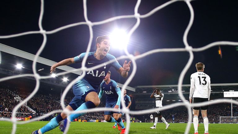 Harry Winks of Tottenham celebrates after he scores his sides second goal during the Premier League match between Fulham FC and Tottenham Hotspur at Craven Cottage on January 20, 2019 in London, United Kingdom