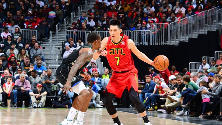 Jeremy Lin of the Atlanta Hawks handles the ball against the Milwaukee Bucks