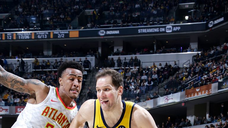 INDIANAPOLIS, IN - DECEMBER 31:  Bojan Bogdanovic #44 of the Indiana Pacers drives to the basket against the Atlanta Hawks on December 31, 2018 at Bankers Life Fieldhouse in Indianapolis, Indiana. NOTE TO USER: User expressly acknowledges and agrees that, by downloading and or using this Photograph, user is consenting to the terms and conditions of the Getty Images License Agreement. Mandatory Copyright Notice: Copyright 2018 NBAE (Photo by Ron Hoskins/NBAE via Getty Images)