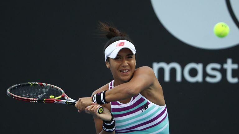 Heather Watson of Great Britain plays a shot during her singles match against Irina-Camelia Begu of Romania during day three of the 2019 Hobart International at Domain Tennis Centre on January 07, 2019 in Hobart, Australia