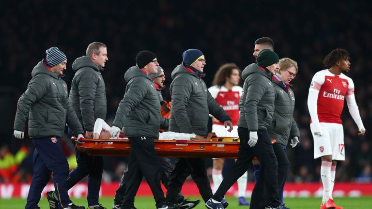 Hector Bellerin stretchered off during Arsenal v Chelsea at Emirates Stadium on January 19, 2019 in London, United Kingdom.