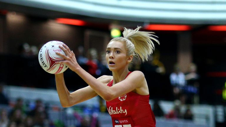 Helen Housby of England Roses in action during the Vitality Netball International Series match between England Vitality Roses and South Africa, as part of the Netball Quad Series at Copper Box Arena on January 19, 2019 in London, England