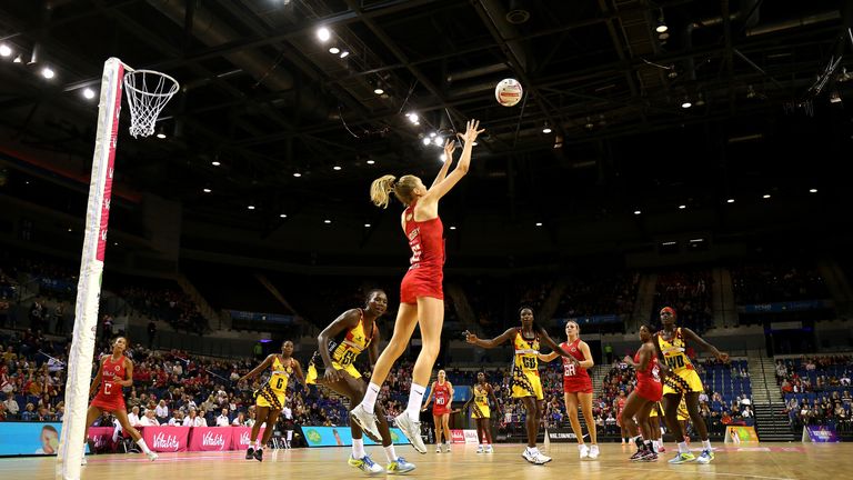 Helen Housby soaring high in the circle for the Vitality Roses against Uganda during their three-match series