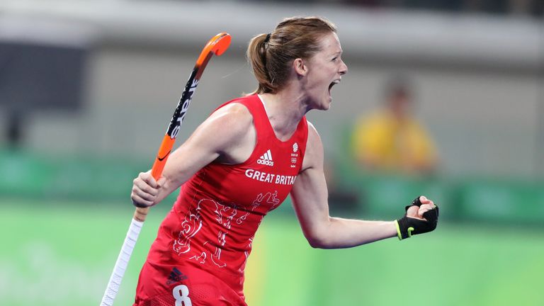 Great Britain's Helen Richardson-Walsh celebrates scoring her sides second goal during the Women's Semi final match at the Olympic Hockey Centre on the twelfth day of the Rio Olympic Games, Brazil, 17 August 2016