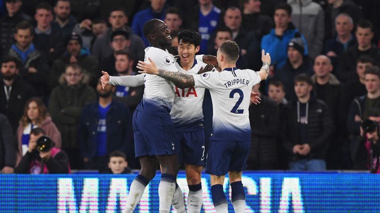 Heung-min Son celebrates with Moussa Sissoko and Kieran Trippier