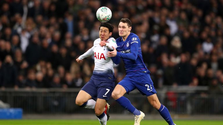 Heung-Min Son of Tottenham Hotspur battles for possession with Andreas Christiansen of Chelsea during the Carabao Cup Semi-Final First Leg match between Tottenham Hotspur and Chelsea at Wembley Stadium on January 8, 2019 in London, England