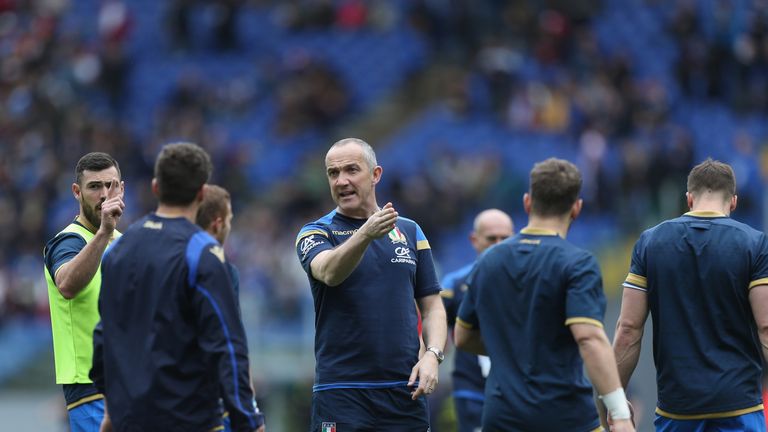 Italy head coach Conor O'Shea instructs his players ahead of their Six Nations clash with Scotland in Rome in 2018