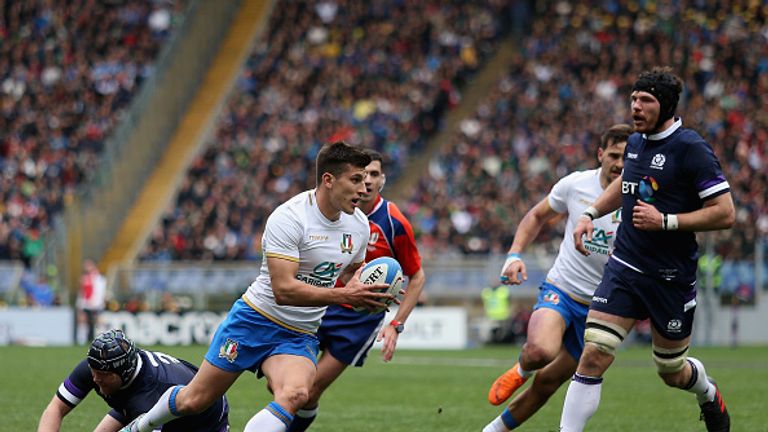  Tommaso Allan scores a try against Scotland in last year's Six Nations