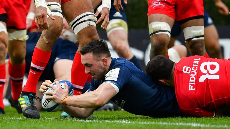 12 January 2019; Jack Conan of Leinster dives over to score his side's first try during the Heineken Champions Cup Pool 1 Round 5 match between Leinster and Toulouse at the RDS Arena in Dublin. Photo by Ramsey Cardy/Sportsfile