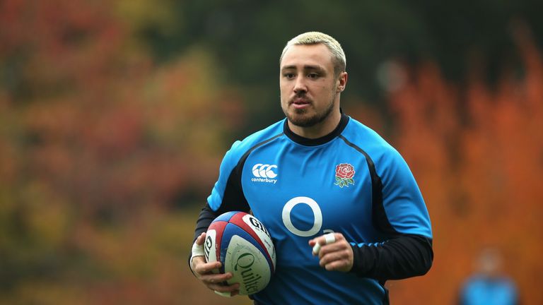 Jack Nowell runs with the ball during the England training session held at Pennyhill Park on November 6, 2018 in Bagshot, England.