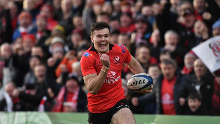 Jacob Stockdale of Ulster runs through to score a try during the Champions Cup match between Ulster Rugby and Racing 92