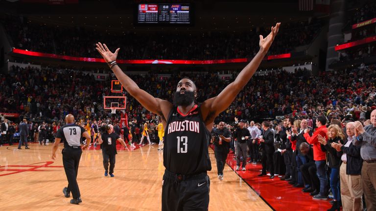 James Harden #13 of the Houston Rockets celebrates after the game against the Los Angeles Lakers on January 19, 2019 at the Toyota Center in Houston, Texas. 