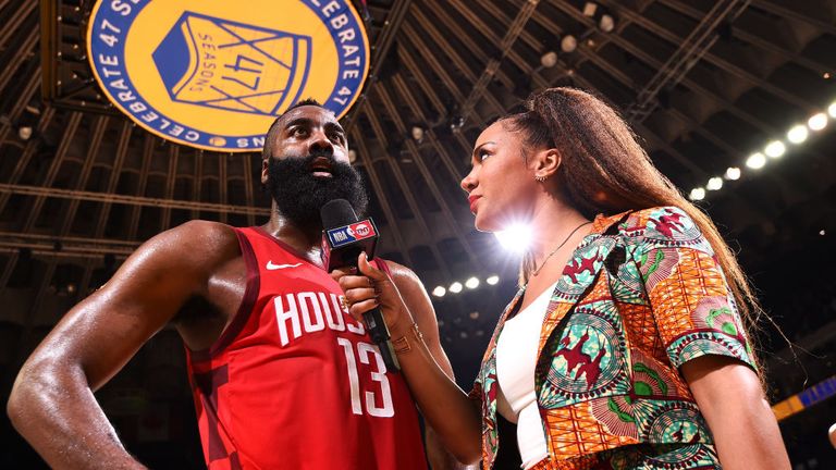 James Harden of the Houston Rockets speaks with the media after the game against the Golden State Warriors