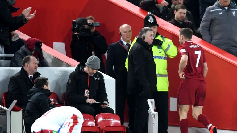 Milner was sent off in the Premier League match between Liverpool FC and Crystal Palace at Anfield on January 19, 2019 in Liverpool, United Kingdom.