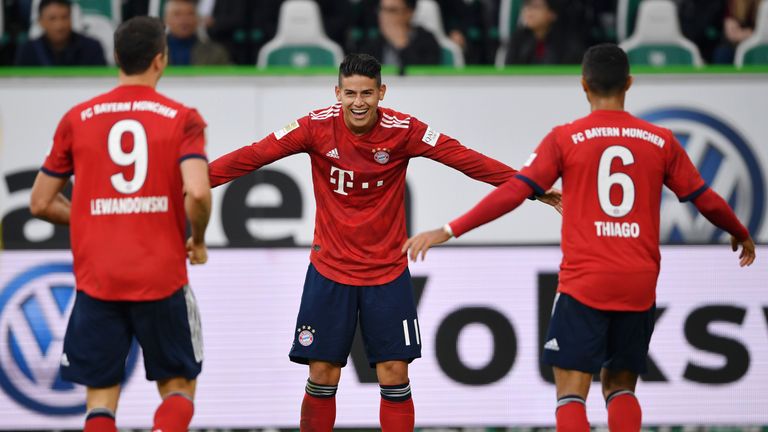 James celebrates scoring for Bayern against Wolfsburg