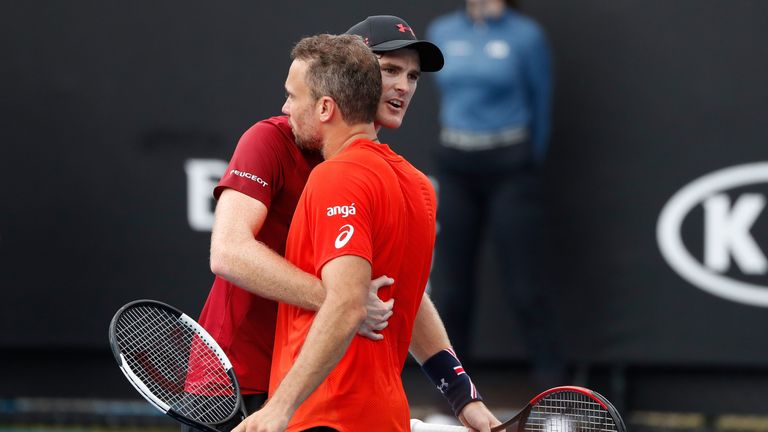Jamie Murray of Great Britain and Bruno Soares of Brazil celebrate winning their first round doubles match against Roman Jebavy of the Czech Republic and Andres Molteni of Argentina during day four of the 2019 Australian Open at Melbourne Park on January 17, 2019 in Melbourne, Australia.