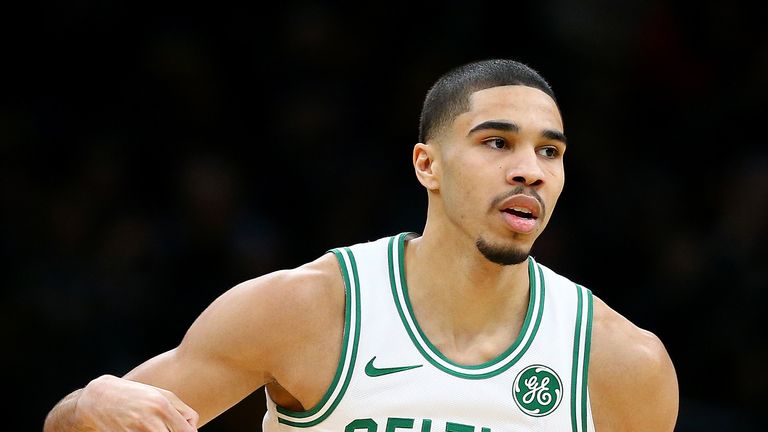 Jayson Tatum celebrates after draining a three against the Indiana Pacers