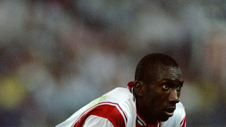 ORIGIABL CAPTION - 12 Sep 1999:  Jimmy Floyd Hasselbaink of Atletico Madrid during the Spanish Primera Liga match against Celta Vigo at the Vicente Calderon Stadium in Madrid, Spain.  \ Pic:  Nuno Correia \ Mandatory Credit: Allsport UK /Allsport