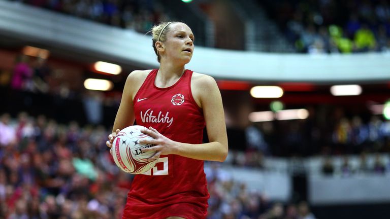 Jo Harten of England Roses in action during the Vitality Netball International Series match between England Vitality Roses and South Africa, as part of the Netball Quad Series at Copper Box Arena on January 19, 2019 in London, England