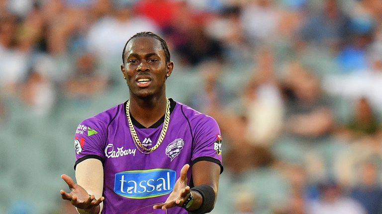 Jofra Archer during the Big Bash League match between the Adelaide Strikers and the Hobart Hurricanes at Adelaide Oval on January 21, 2019 in Adelaide, Australia.