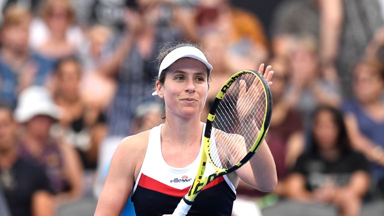 Johanna Konta of Great Britain celebrates winning in her match against Sloane Stephens of USA during day three of the 2019 Brisbane International at Pat Rafter Arena on January 01, 2019 in Brisbane, Australia.