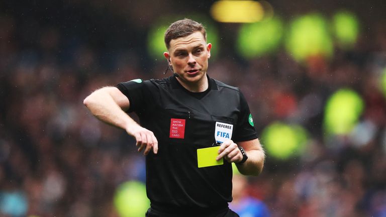 GLASGOW, SCOTLAND - OCTOBER 07: Referee John Beaton reacts during the Scottish Ladbrokes Premiership match between Rangers and Hearts at Ibrox Stadium on October 7, 2018 in Glasgow, Scotland. (Photo by Ian MacNicol/Getty Images)