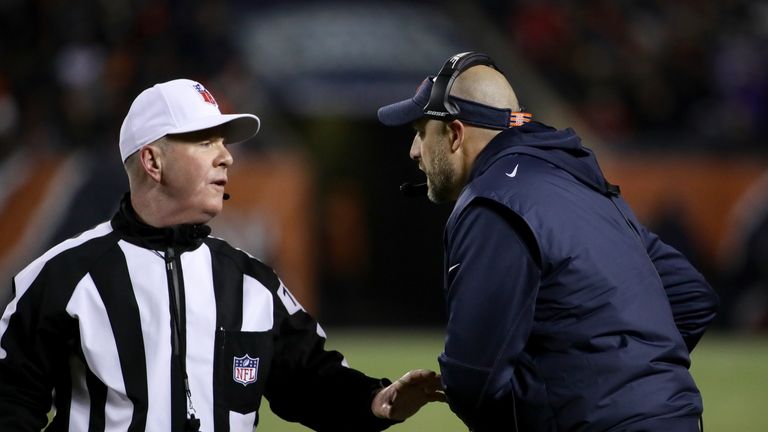 Referee John Parry talks with head coach Matt Nagy of the Chicago Bears in the third quarter against the Minnesota Vikings at Soldier Field on November 18, 2018 in Chicago, Illinois. 