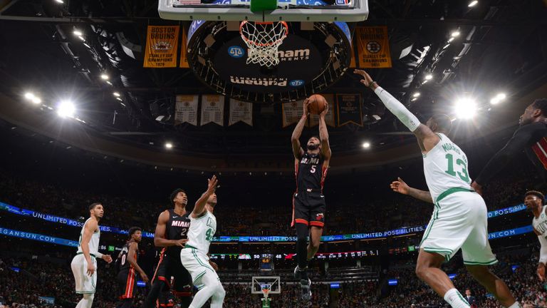 Derrick Jones Jr. of the Miami Heat shoots the ball against the Boston Celtics