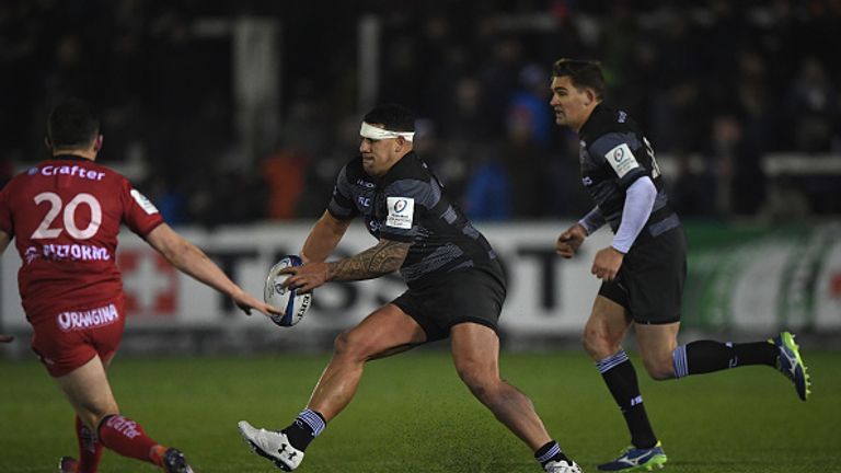 Josh Matavesi in action during the Champions Cup match between Newcastle Falcons and Toulon