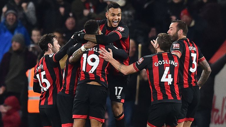 Joshua King celebrates scoring his second and Bournemouth's third goal of the game