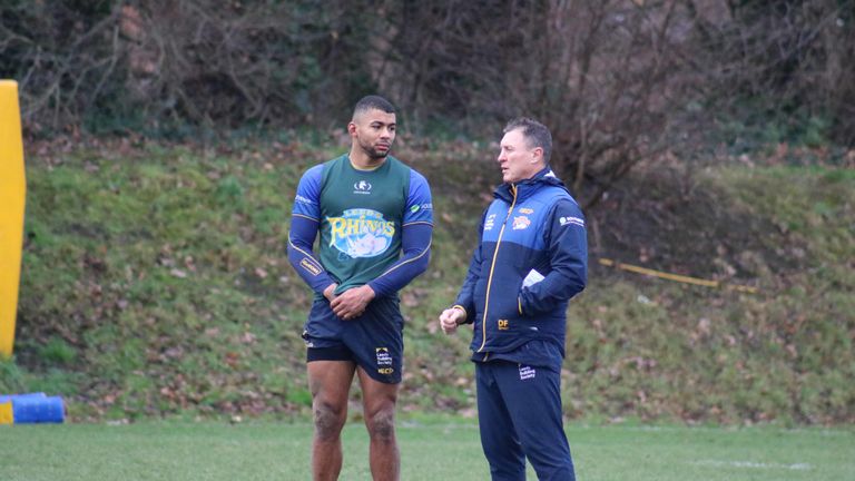 Kallum Watkins (L) and Dave Furner during Leeds training