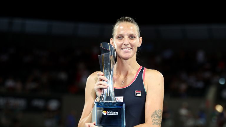 Karolina Pliskova of the Czech Republic holds the trophy after in the Women’s Finals match against Lesia Tsurenko of Ukraineduring day eight of the 2019 Brisbane International at Pat Rafter Arena on January 06, 2019 in Brisbane, Australia