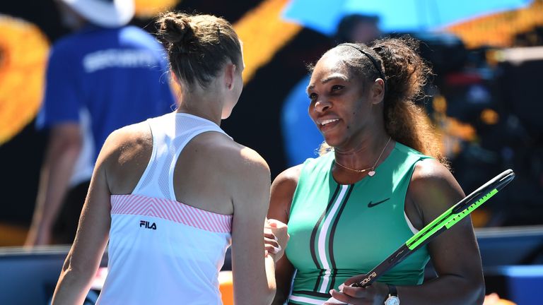Czech Republic's Karolina Pliskova (L) is congratulated by Serena Williams of the US after their women's singles quarter-final match on day ten of the Australian Open tennis tournament in Melbourne on January 23, 2019. 