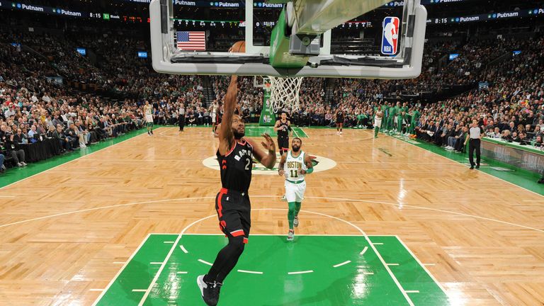 Kawhi Leonard #2 of the Toronto Raptors shoots the ball against the Boston Celtics on January 16, 2019 at the TD Garden in Boston, Massachusetts.