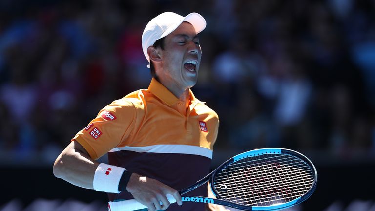 Kei Nishikori of Japan celebrates winning match point in his third round match against Joao Sousa of Portugal during day six of the 2019 Australian Open at Melbourne Park on January 19, 2019 in Melbourne, Australia.