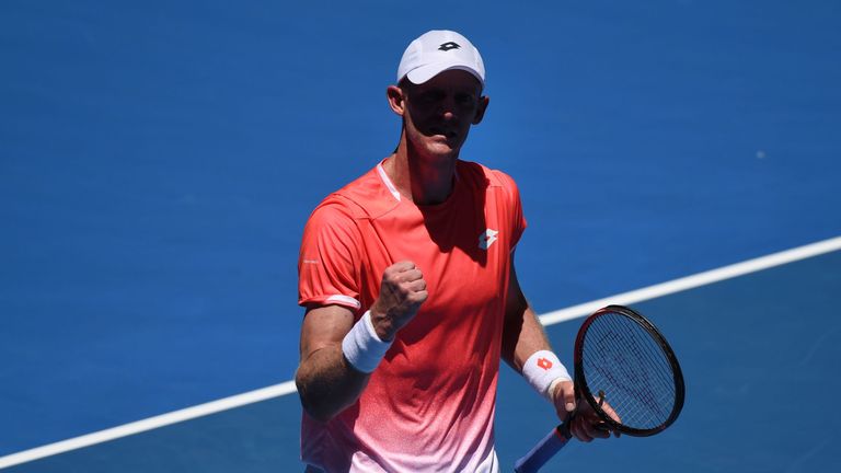 South Africa's Kevin Anderson reacts after a point against France's Adrian Mannarino in their men's singles match on day one of the Australian Open tennis tournament in Melbourne on January 14, 2019