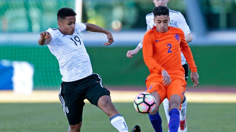 Karim-David Adeyemi (L) of Germany U16 chalendges Ki-Jana Hoever (R) of Netherlands U16 match between U16 Germany and U16 Netherlands at VRSA Stadium on February 8, 2018 in Portugal